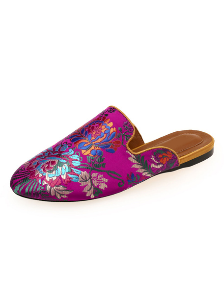 Womens Satin Flat Mules Round Toe Floral Embroidered Mules
