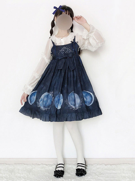 Milanoo Classic Lolita JSK Dress Eclipse Print Ruffle Bow Navy Blue Lolita Jumper Skirt