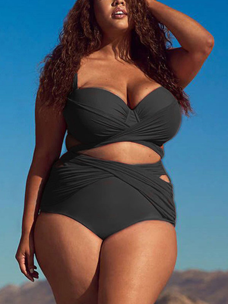 Image of Plus Size Swimwear Women Knotted Ruched High Waisted Bikini