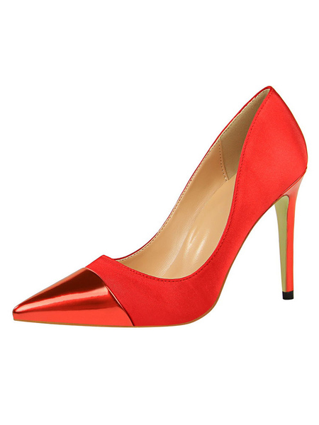 Milanoo Red High Heels Satin Pointed Toe Patchwork Stiletto Heel Pumps For Women