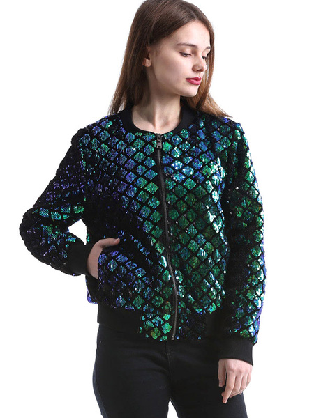 Image of Women Sequined Jacket Stand Collar Long Sleeve Quilted Casual Jacket