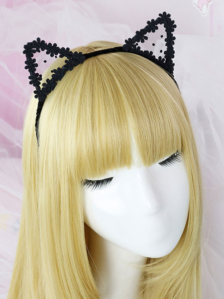 Image of Sweet Lolita Hair Clasp Lace Floral Cat Ear Accessorio per capelli Lolita nero