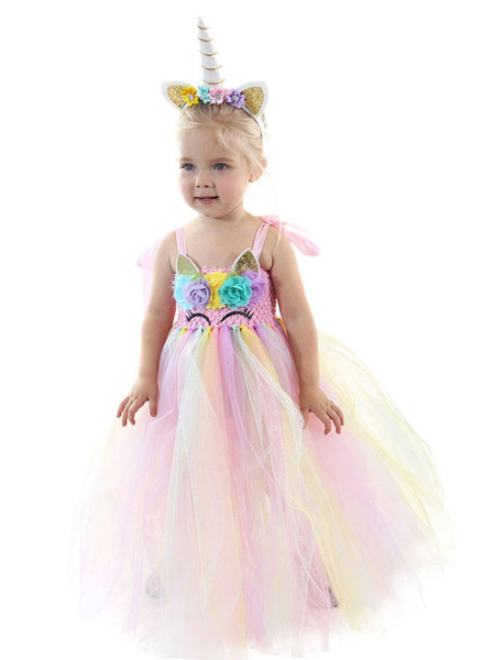 Milanoo Rainbow Unicorn Dresses Tutu Baby Girls Flowers Princess Fancy Dress With Headband Kids Carn