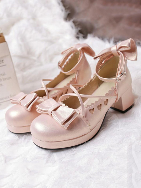 Milanoo Sweet Lolita Pump Bow Sweetheart Cut Out Strappy Pink Chunky High Heel Lolita Shoes