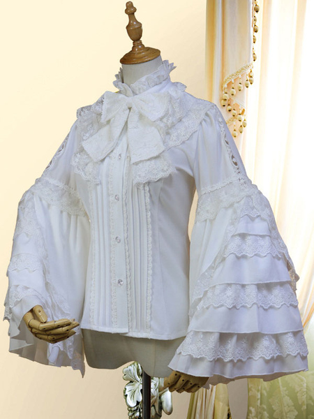 Image of Camicia Lolita classica in chiffon bianco con fiocco in pizzo arricciato