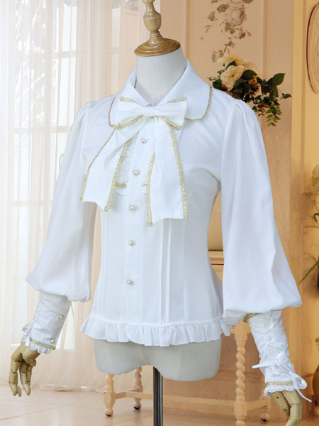Image of Camicia Lolita classica in chiffon bianco con fiocco in pizzo arricciato