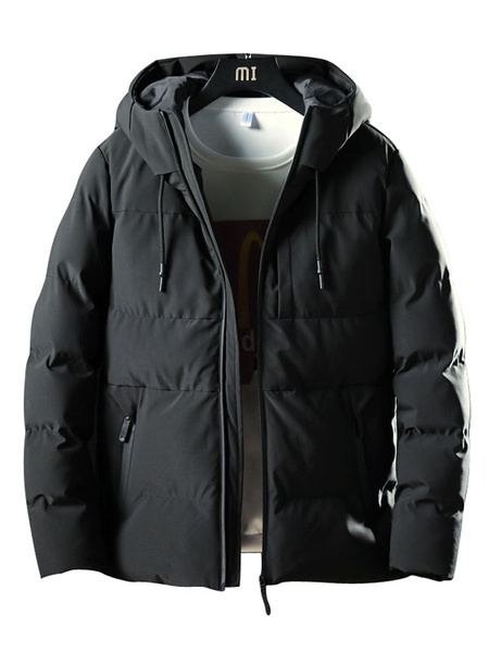 Image of Black Puffer Jacket Hooded Casual Winter Overcoat Drawstring Men Padded Coat