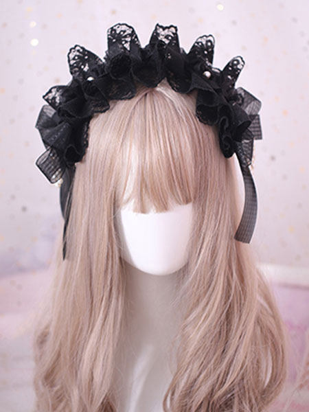 Image of Gothic Lolita Hair Accessory Ruffle Bow Pearl Lace Black Lolita Headdress