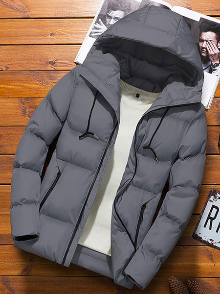 Image of Men Winter Jacket Hooded Puffer Coat Zipper Drawtring Casual Padded Overcoat