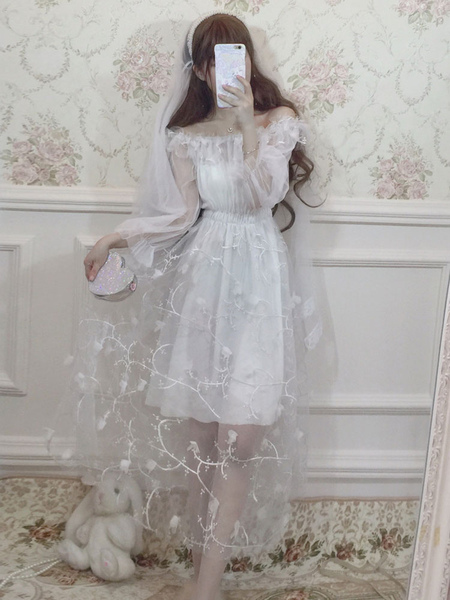 Milanoo Sweet Lolita OP Dress Ruffle Flower Tulle White Lolita One Piece Dress