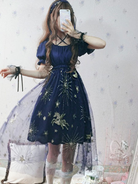 Milanoo Classic Lolita OP Dress Flying Horse Starry Sky Ruffle Tulle Blue Lolita One Piece Dress
