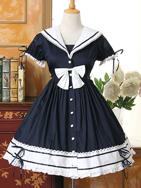 Image of Sailor Style Lolita OP Dress Ruffle Bow Lace Two Tone Poplin Navy Blue Lolita One Piece Dress
