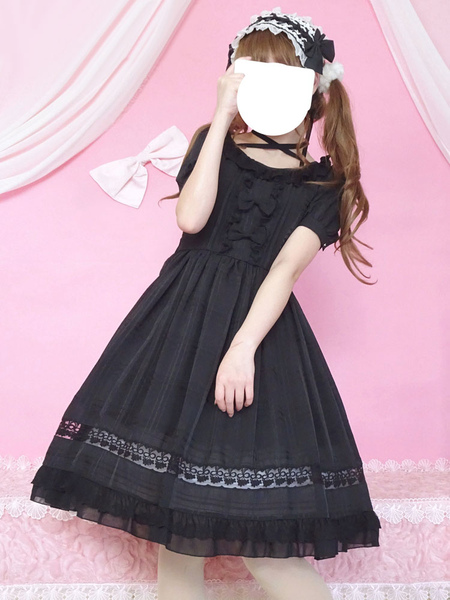 Milanoo Classic Lolita OP Dress Ruffle Bow Lace Black Lolita One Piece Dress