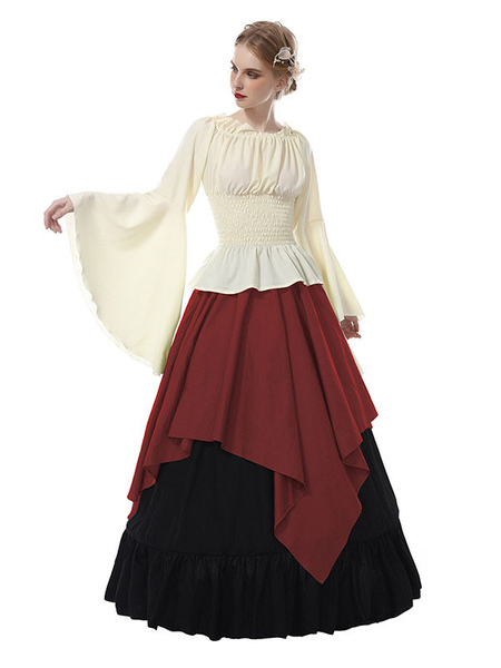 Milanoo Victorian Costume Retro Long Trumpet sleeve Chiffon Women’s Medieval Dress Carnival