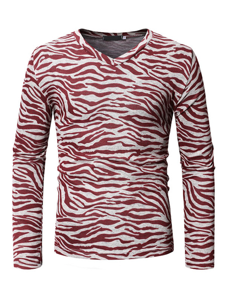 Image of Men Casual T Shirt V Neck Zebra Print Long Sleeve Cotton T Shirt