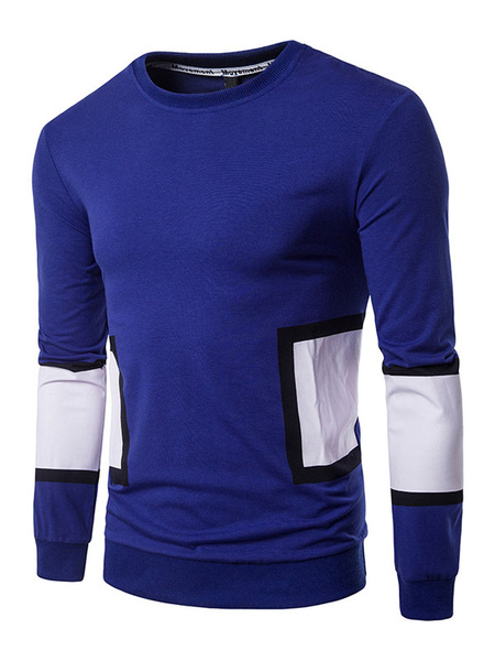 Image of Men Cotton T Shirt Letter Print Color Block Blue Undershirt Long Sleeve Casual T Shirt