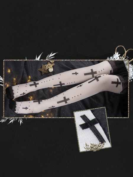 Image of Gothic Lolita Stocking Maria Print Rayon White Lolita Knee High Socks
