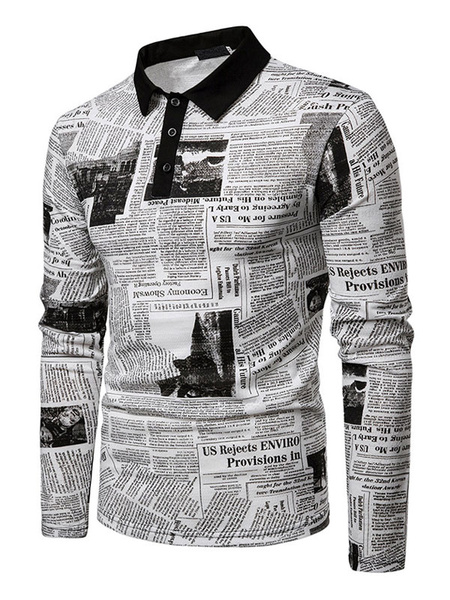 Image of Men Polo Shirt Paper Print Slim Fit Long Sleeve Casual T Shirt