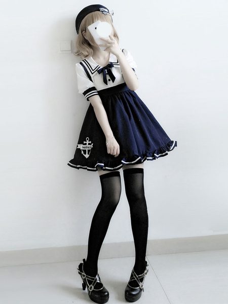 Image of Sailor Style Lolita OP Dress Embroidered Ruffle Bow Chiffon Lolita One Piece Dress