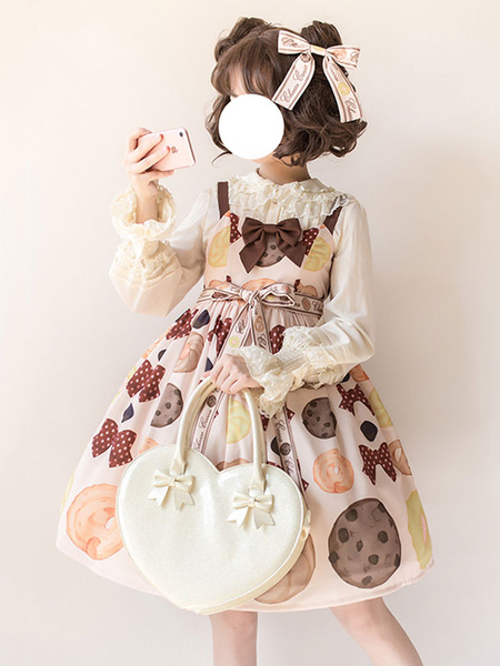 Milanoo Sweet Lolita JSK Cookies Print Bow Cotton Slub Apricot Lolita Jumper Skirt