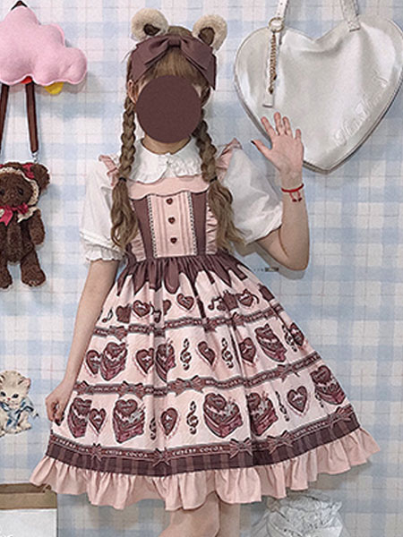 Image of Sweet Lolita JSK Abito Chocolate Love Song Print Ruffle Pink Lolita Jumper Skirt