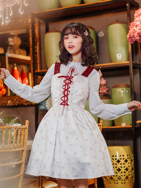 Image of Sweet Lolita JSK Dress Red Queen And White Queen Ruffle Lace Up White Lolita Jumper Skirt