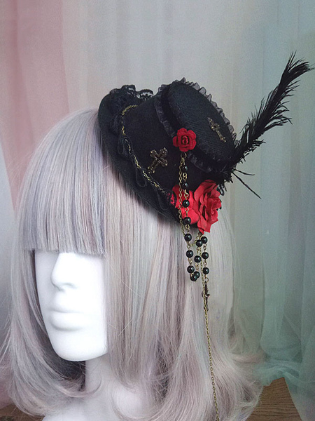 Image of Gothic Lolita Accessorio per capelli Flower Pearl Chain Feather Black Lolita Hat