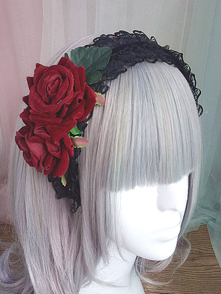 Milanoo Gothic Lolita Headband Rose Lace Ruffle Black Lolita Headdress