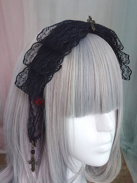 Milanoo Gothic Lolita Headdress Lace Bow Metallic Design Black Lolita Hair Accessory