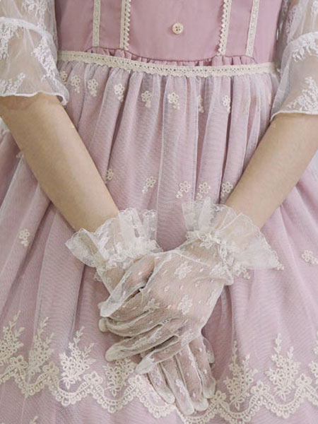 Milanoo Lolita Wedding Glove Lace Floral Ruffle White Lolita Mitten