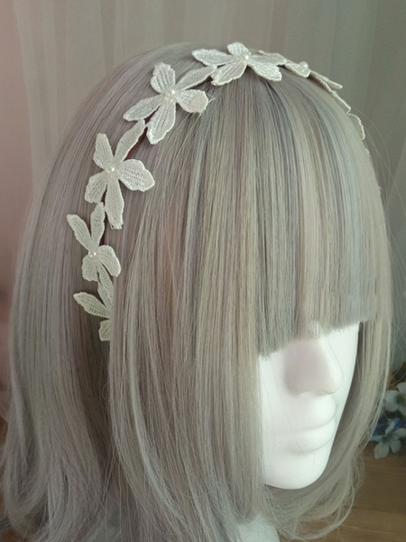 Sweet Lolita Headband Floral Pearl Embroidered Ecru White Lolita Hair Accessory