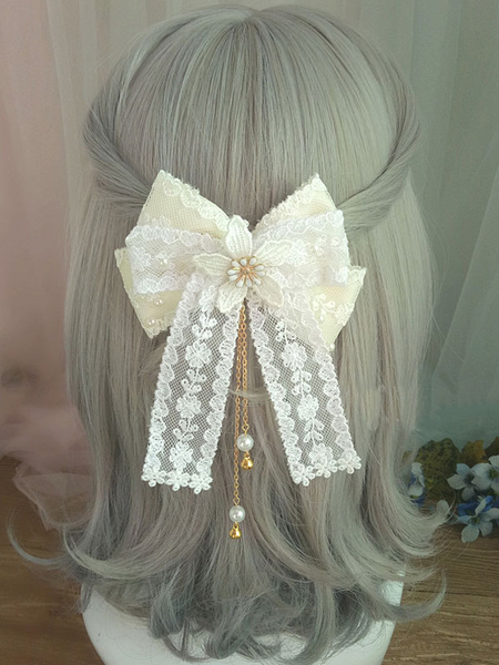 Image of Dolce Lolita Hair Clasp Lace Bow Perla Ricamato Accessorio per capelli Lolita bianco ecru
