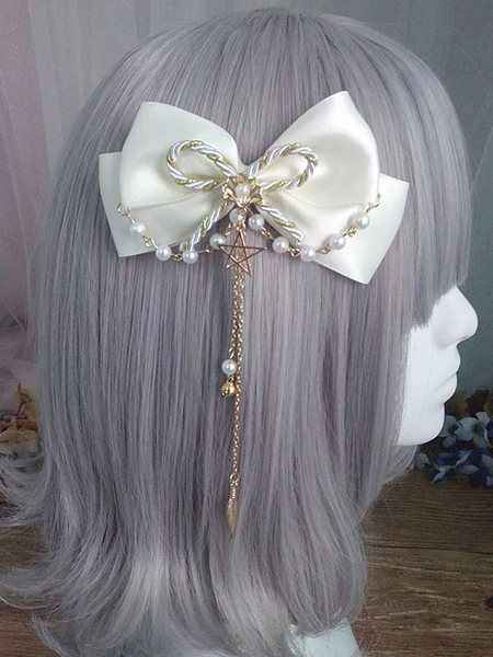 Image of Sweet Lolita Hair Clip Bow Pearl Beel Catena Satin Lolita Accessorio per capelli
