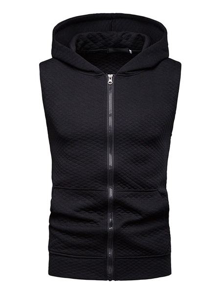 Image of Black Sleeveless Hoodie Zipper Gilet Diamond Pattern Cotton Hoodie For Men