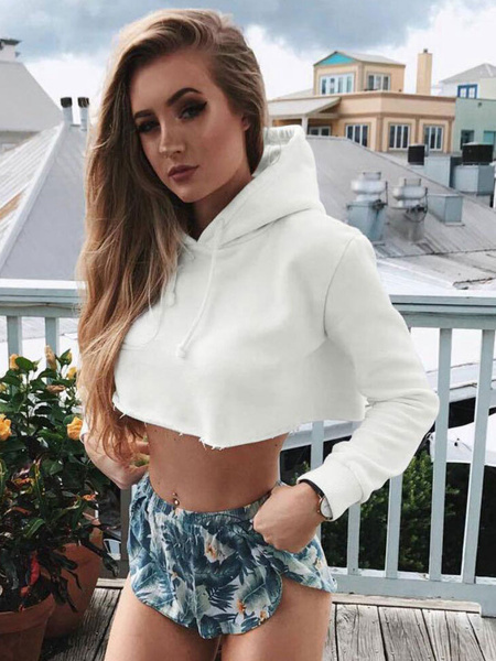 Image of White Cropped Hoodie Women Long Sleeve Drawstring Sexy Pullover Sweatshirt
