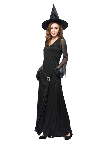 costume de sorcière robe noir femmes sexy maxi robe à manches longues déguisements halloween