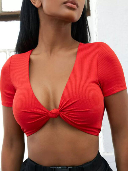 Image of Sexy Crop Top Women Short Sleeve Plunging Twisted Summer Top