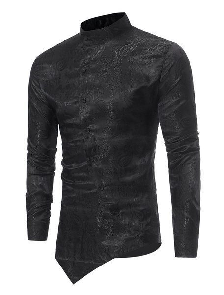 Image of Long Sleeve Shirt Jacquard Stand Collar Irregular Design Surplice Button Up Burgundy Men Casual Shirt