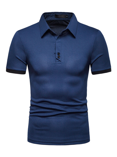 Image of Men Polo Shirt Navy Blue Button Decor Two Tone Short Sleeve T Shirt