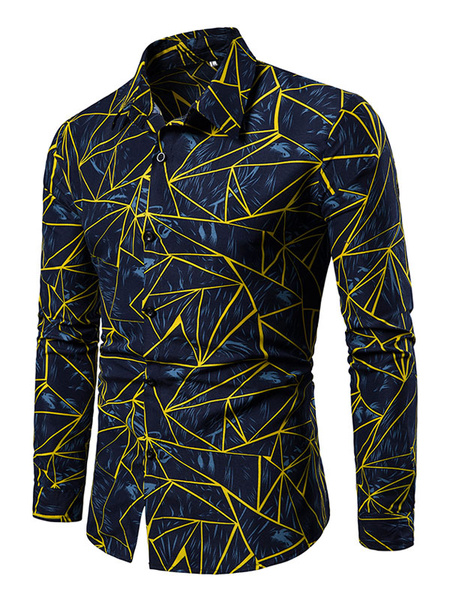 Image of Men Casual Shirt Geometric Print Slim Fit Navy Blue Long Sleeve Shirt