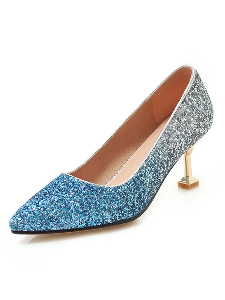Milanoo Kitten Heel Pumps Blue Pointed Toe Slip On Shoes Women Party Shoes