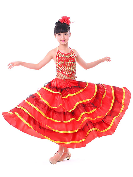 Milanoo Kids Belly Dance Costumes Red Layered Billowing Flamenco Dress Paso Doble Dress Spanish Skir