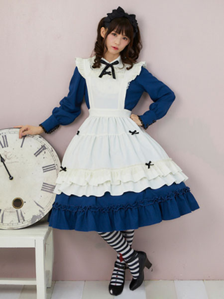 Image of Abito stile Lolita OP bambina con fiocco in volpe blu Lolita Abito monopezzo con grembiule
