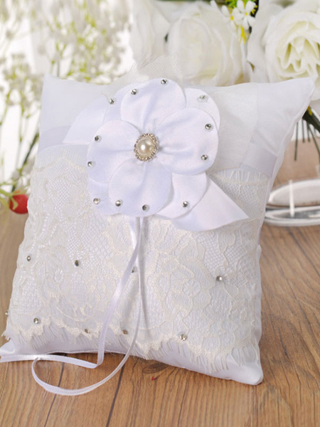 

Milanoo Ring Bearer Pillow Lace Pearls Ribbons Wedding Pillows, White