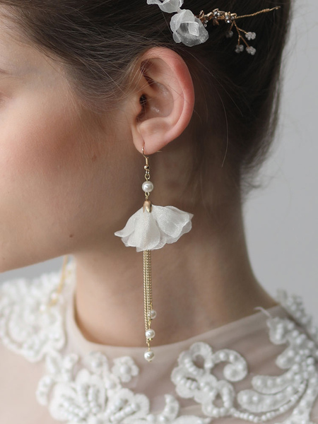 Image of Gold Earrings Wedding Flower Tassels Bridal Linear Earrings Jewelry