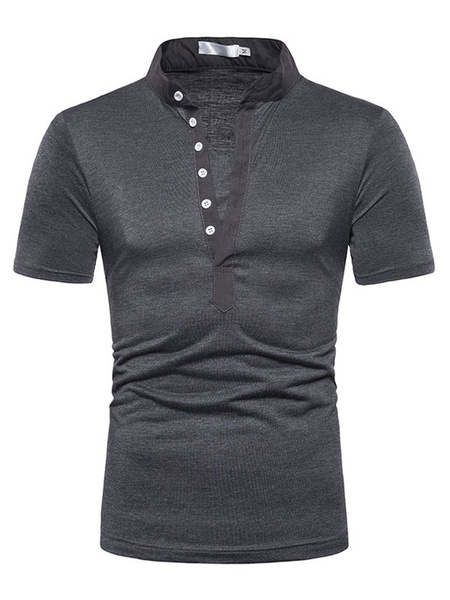 Image of Men Casual T Shirt Button Decor Designed Neckline Short Sleeve T Shirt