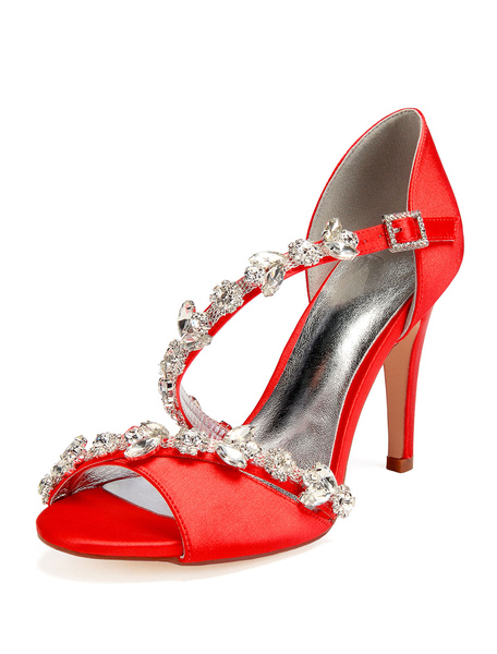 Milanoo Satin Wedding Shoes Red Peep Toe Rhinestones Strappy High Heel Bridal Sandals