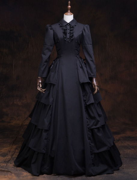 Milanoo Victorian Dress Costume Women's Black Ruffles Masquerade Ball Gowns Long Sleeves lapel Victo