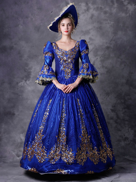 Milanoo Victorian Dress Costume Women's Royal Blue Half Sleeves Baroque Masquerade Ball Gowns with h