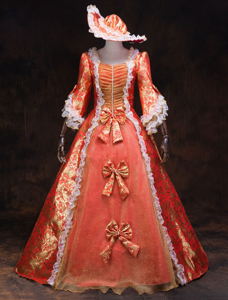 Milanoo Victorian Dress Costume Women's Red Baroque Masquerade Ball Gowns Ruffles Trumpet Half Sleev